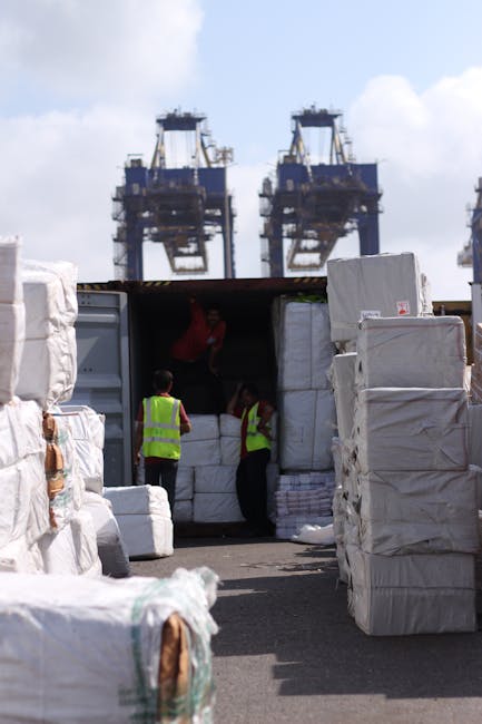 In an outdoor shipping area near a port, several removalists wearing high-visibility vests are engaged in a home relocation process, handling large wrapped furniture items and cardboard boxes. The back of a large vehicle, possibly a container or van, is open with one worker inside organizing or loading items, while two others stand outside, assisting with carrying and positioning the goods. The furniture is wrapped in plastic and blankets to protect against damage during transport. In the background, there are two tall port cranes used for loading containers, emphasizing the logistics involved in relocation and furniture transport. The scene is well-lit with natural daylight, and the environment appears busy, reflecting active packing and loading stages typical in removals and home moves, aligned with avoiding loading bay fines on East India Dock Rd during a household move, as managed by Man with Van Blackwall.